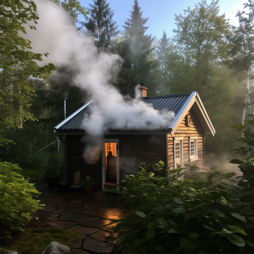 Sauna cottage with smoke in backyard