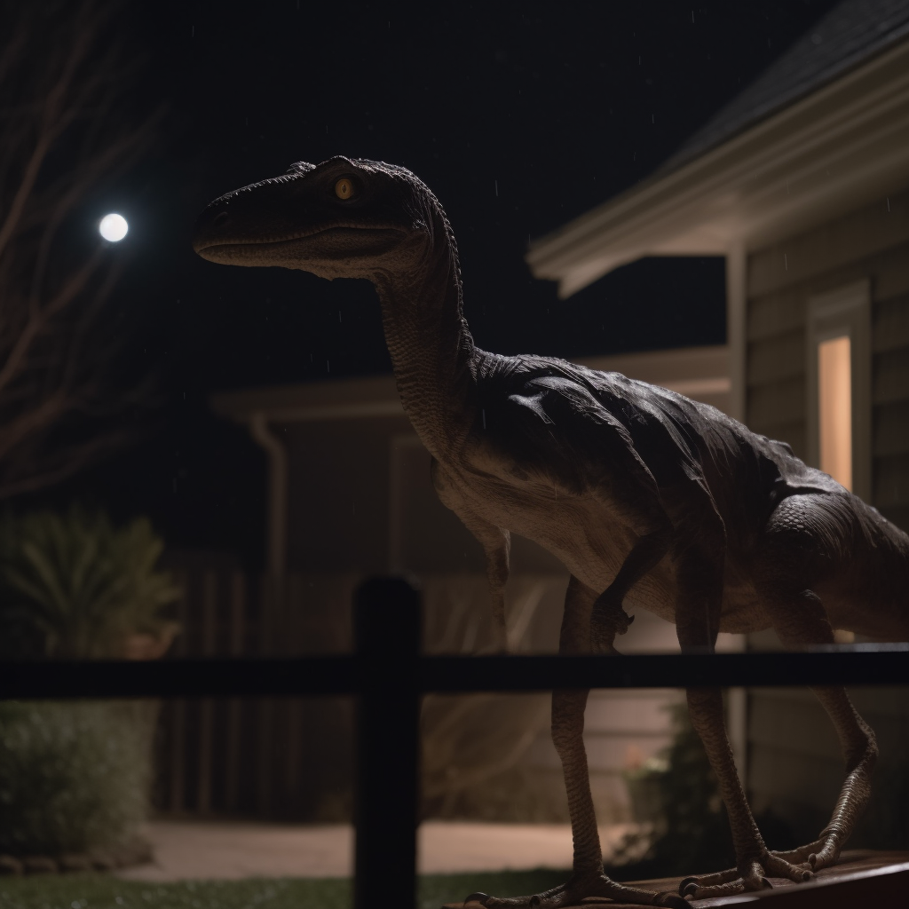 Velociraptor in backyard at night