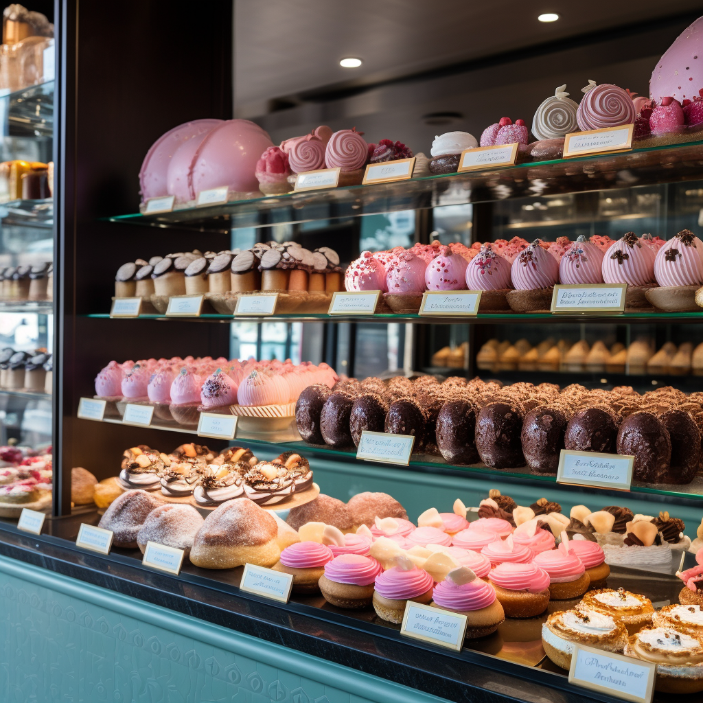 Colorful cakes at bakery shop