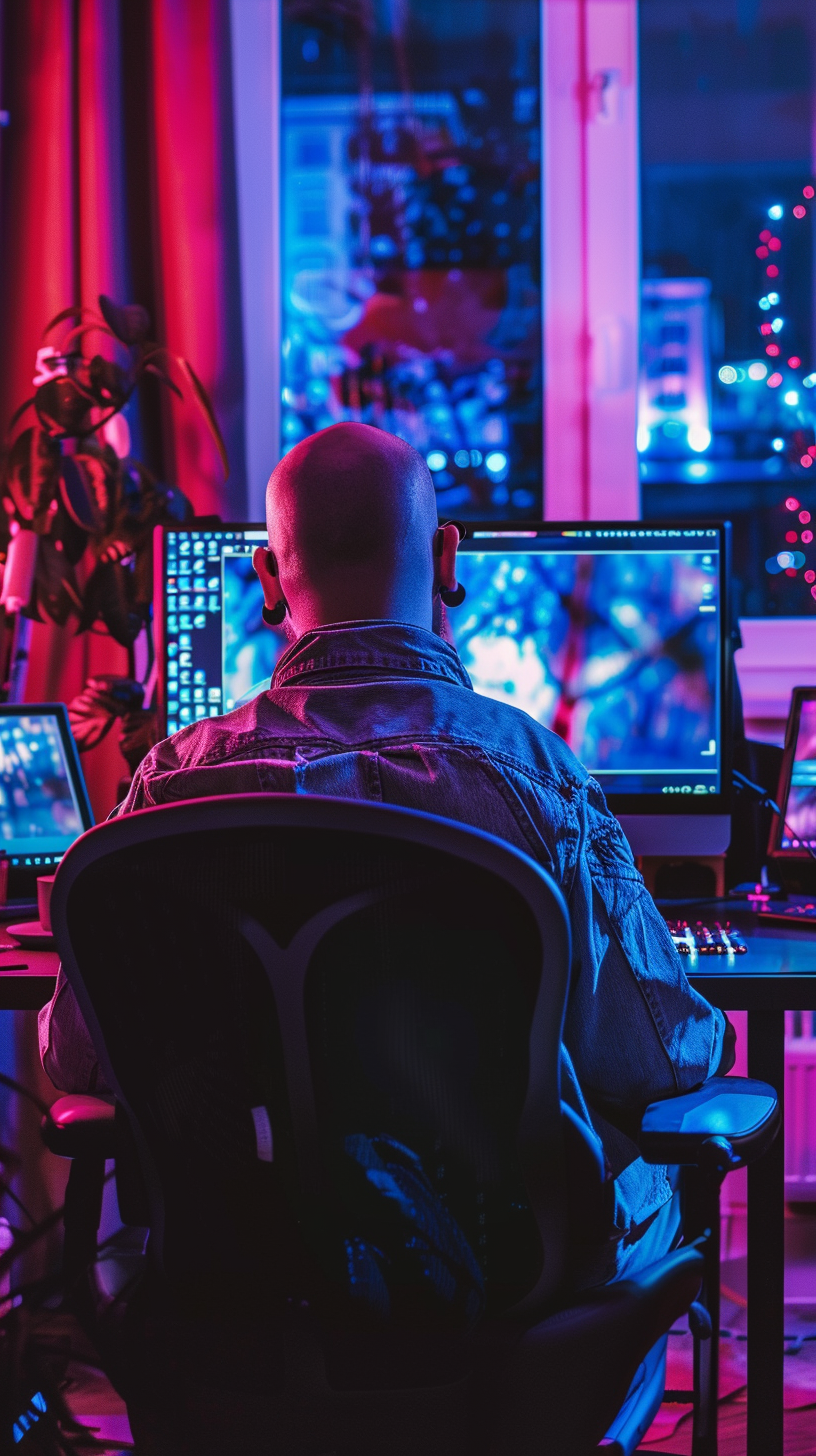 Bald Guy Working on Computer