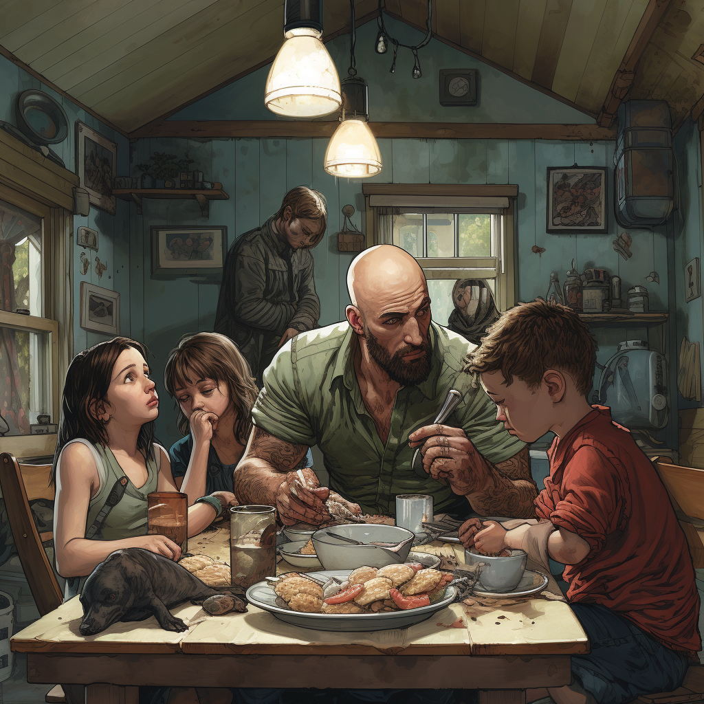 Bald Man Eating Dinner with Family