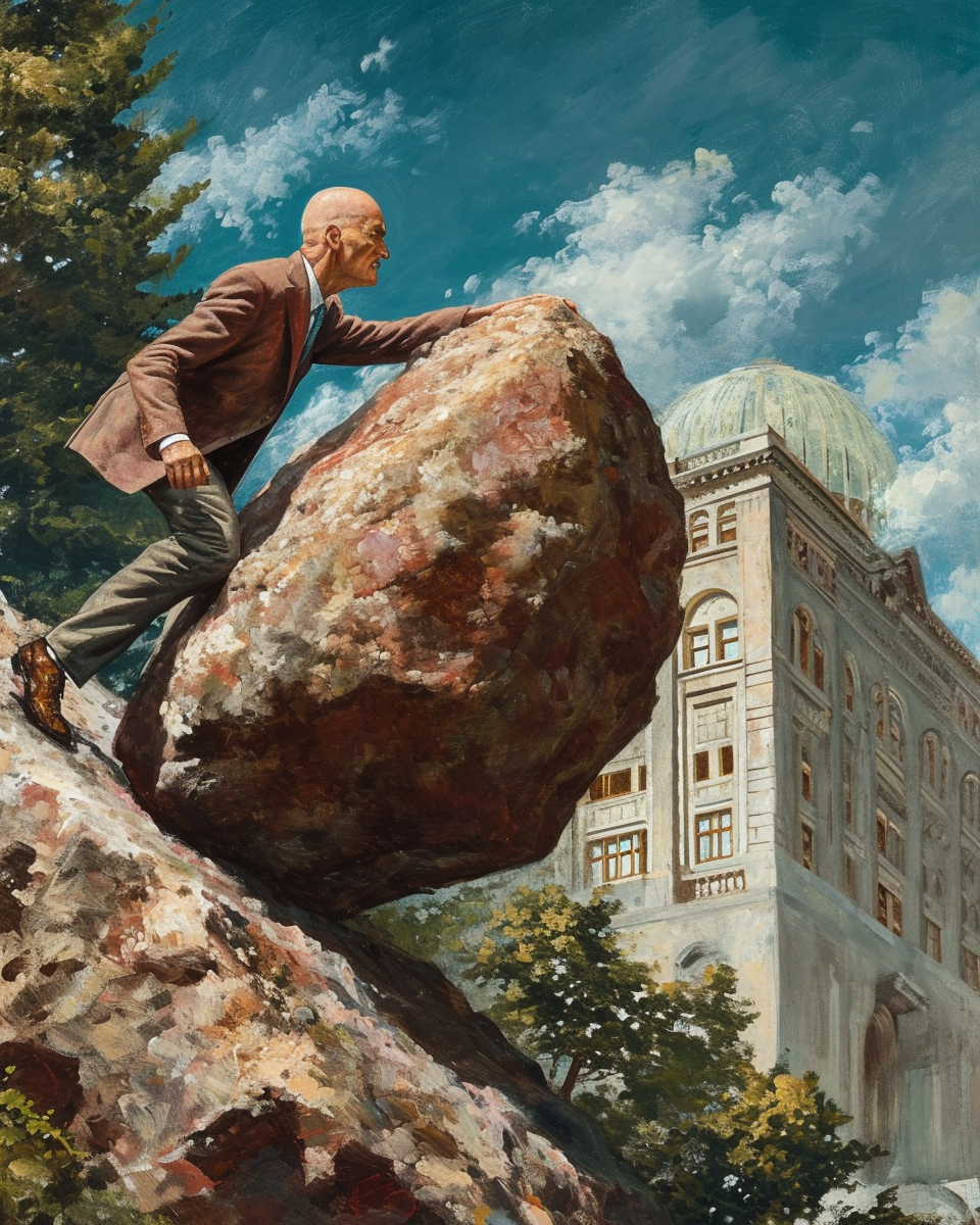 Bald professor pushing large rock uphill