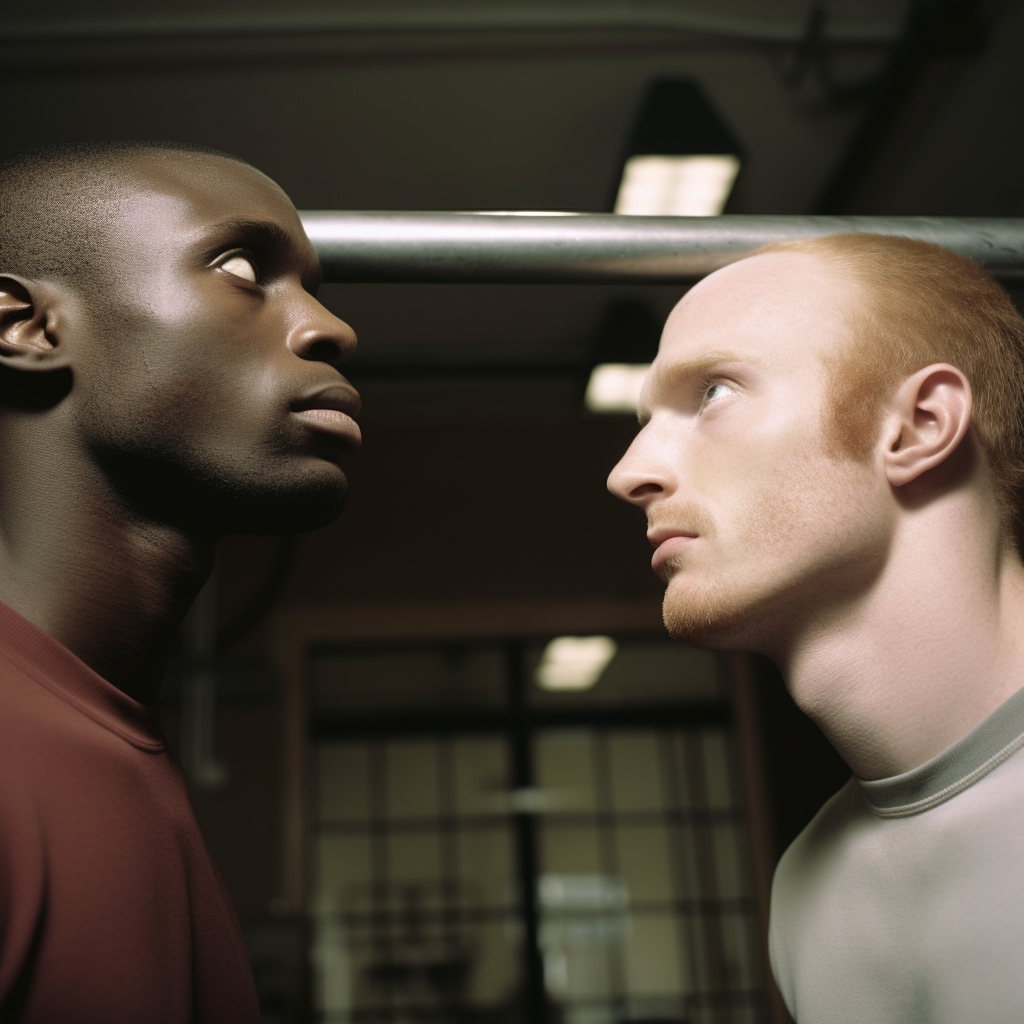 Focused ginger man observing intense black man's Olympic bar workout