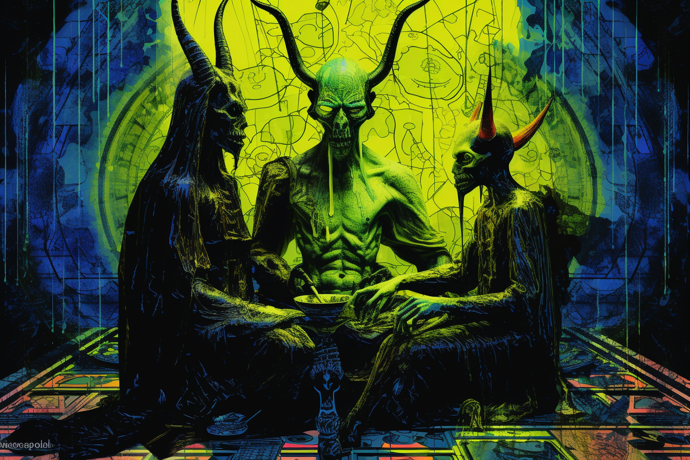 Baphomet and Nyarlathotep eating black sock on vibrant rainy background