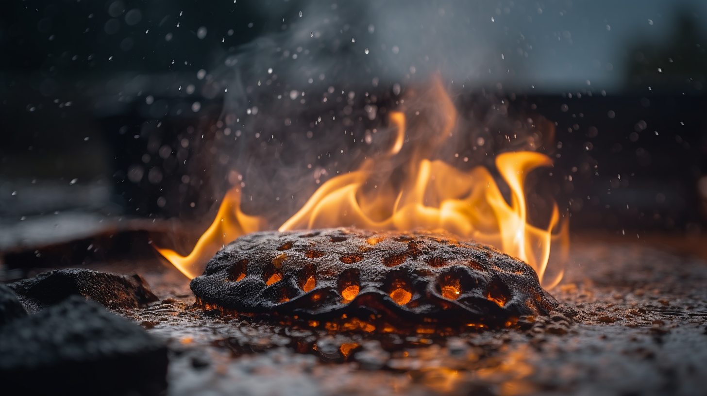 Closeup of barbecue fire in rain