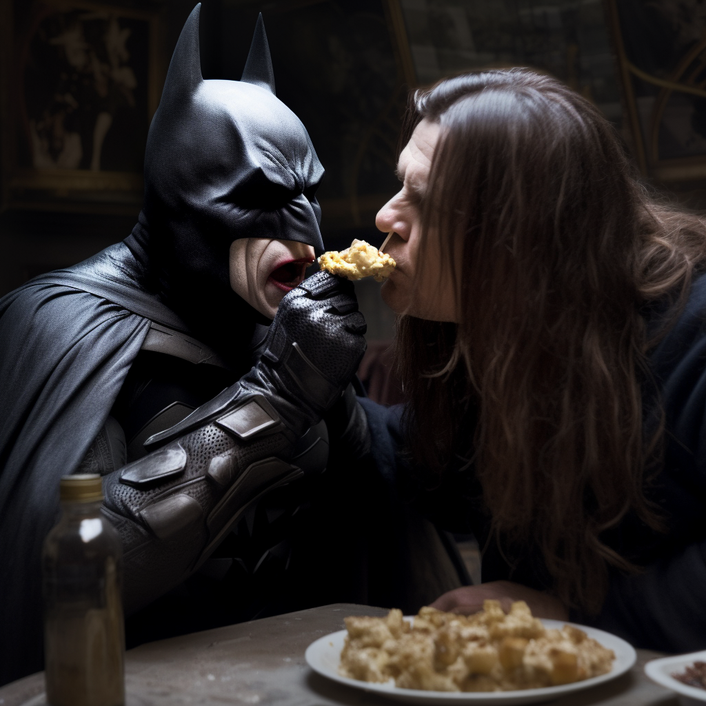 Batman enjoying a meal with Ozzy Osbourne