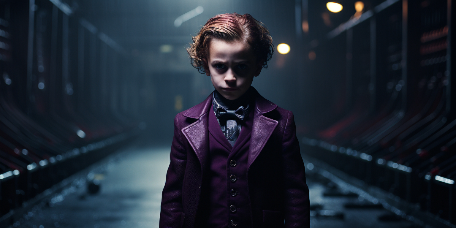 Young boy dressed as Batman in Joker's lair