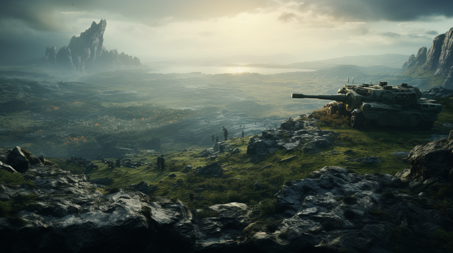 Cinematic still of battlefield tanks on war