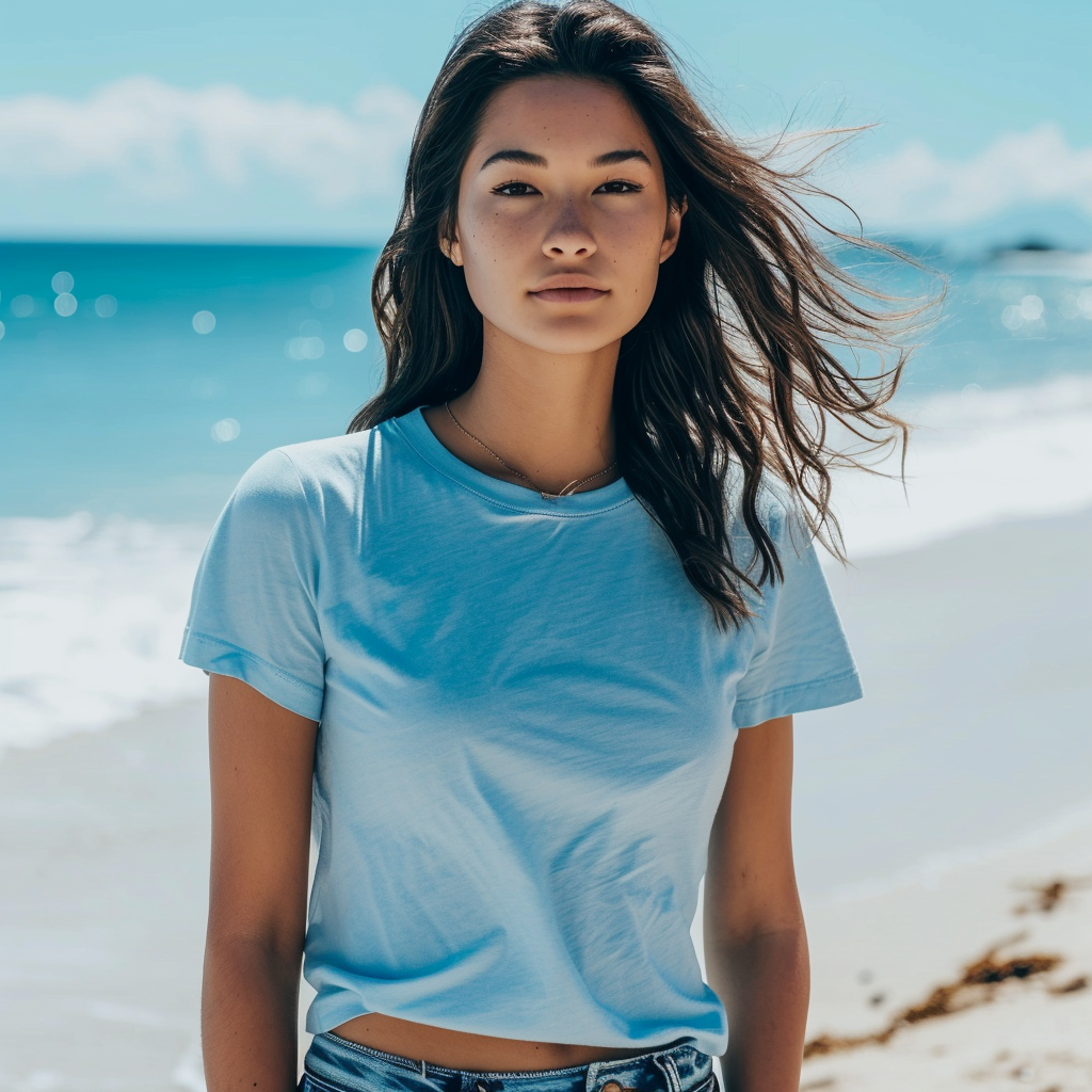 Beachy Model in Light Blue T-Shirt