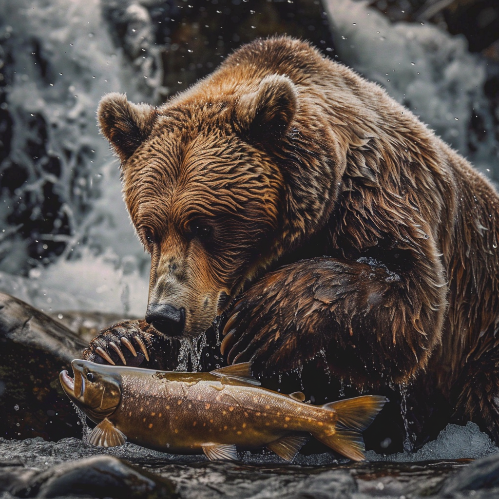 Bear enjoys fresh fish by stream