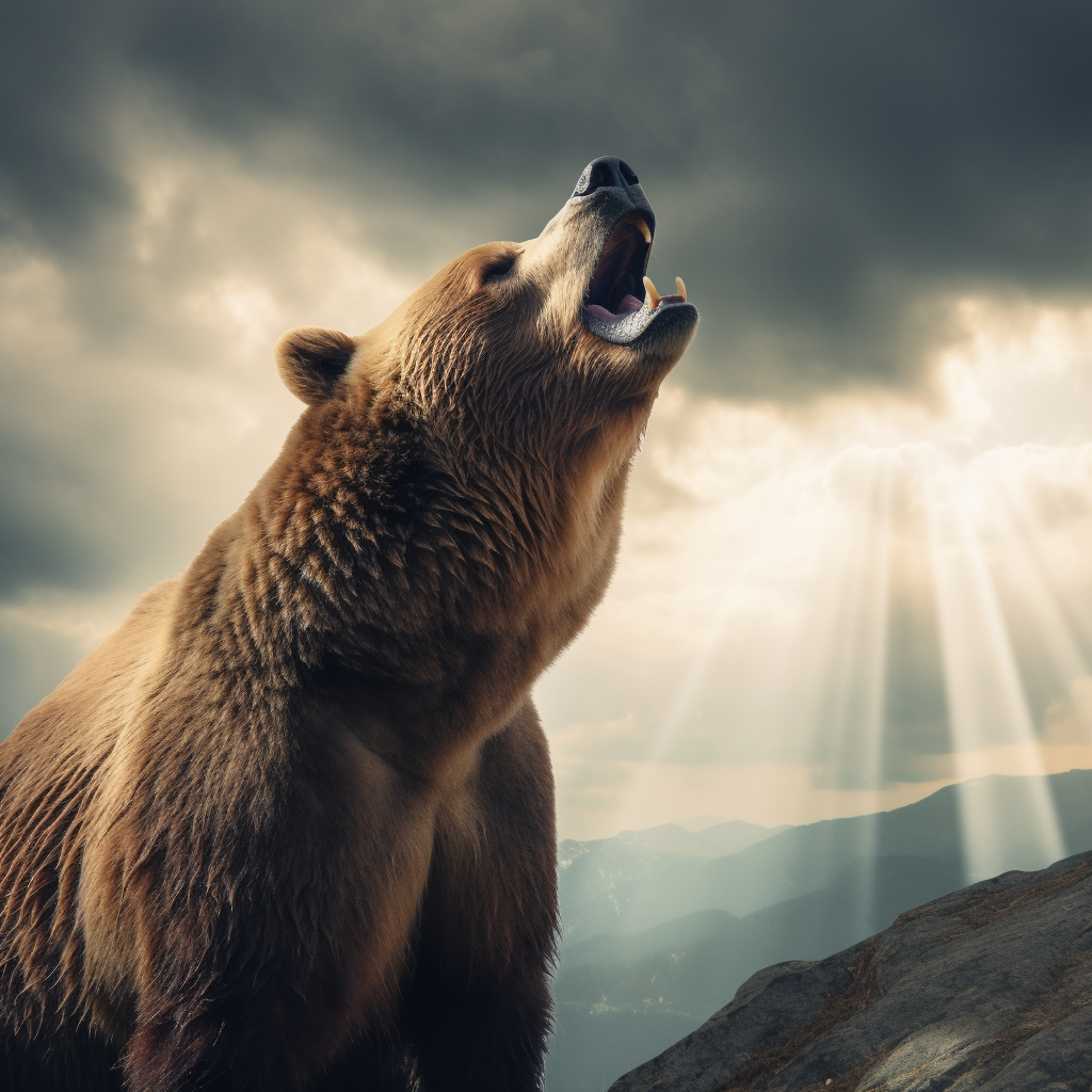 Powerful bear roaring at the sky