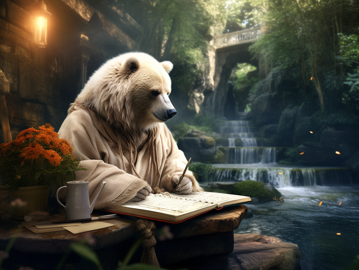 Bear writing in journal in peaceful garden