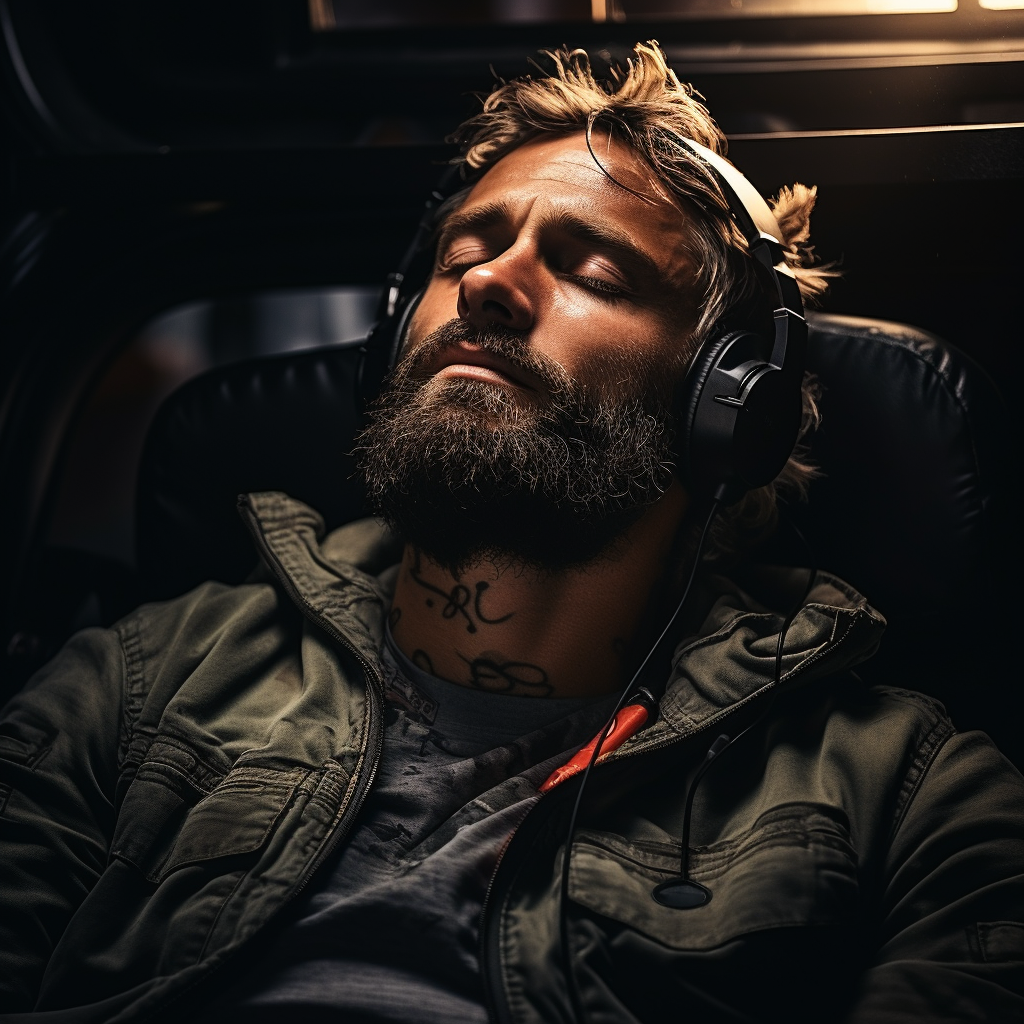 Bearded man enjoying music with headphones