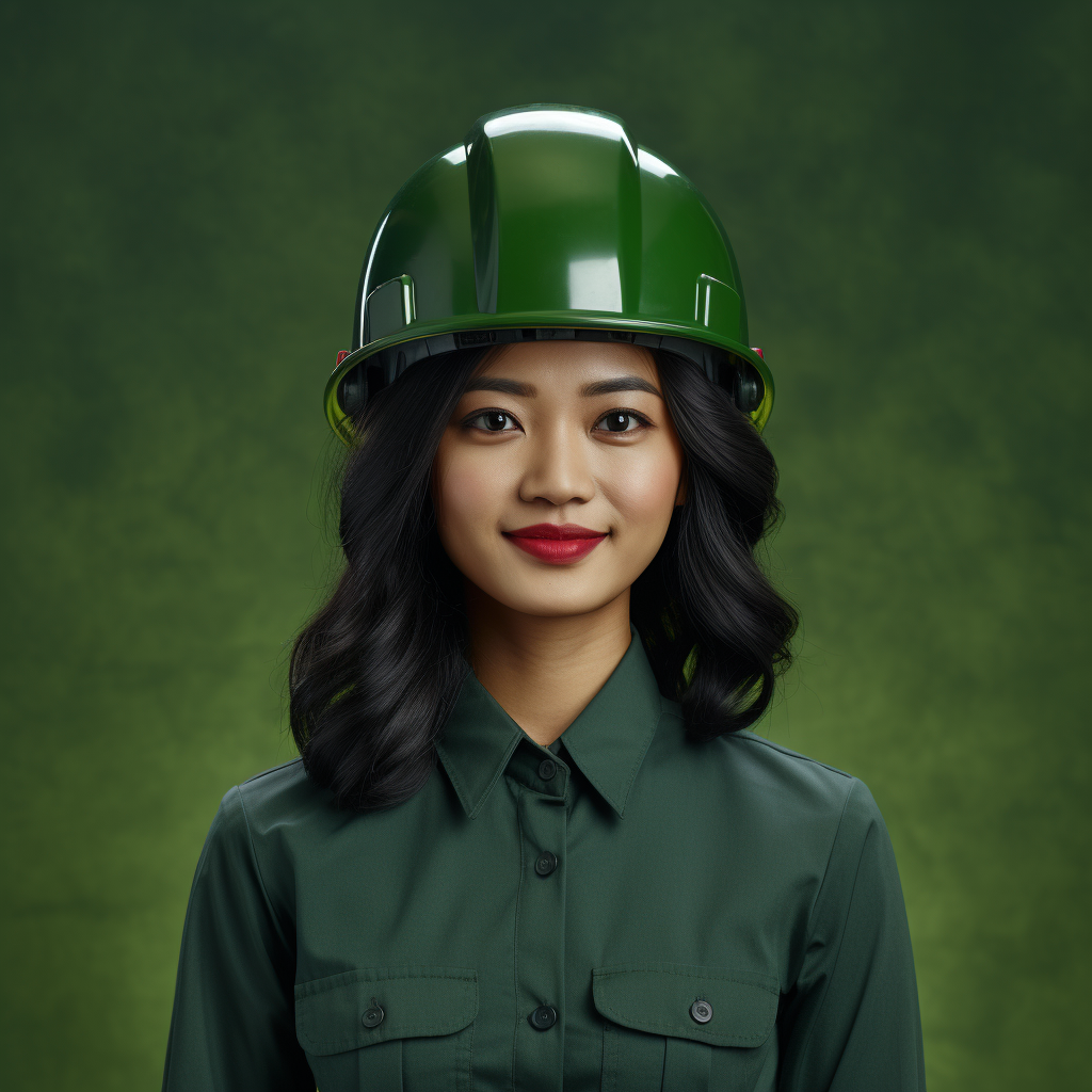 Asian woman in construction helmet posing