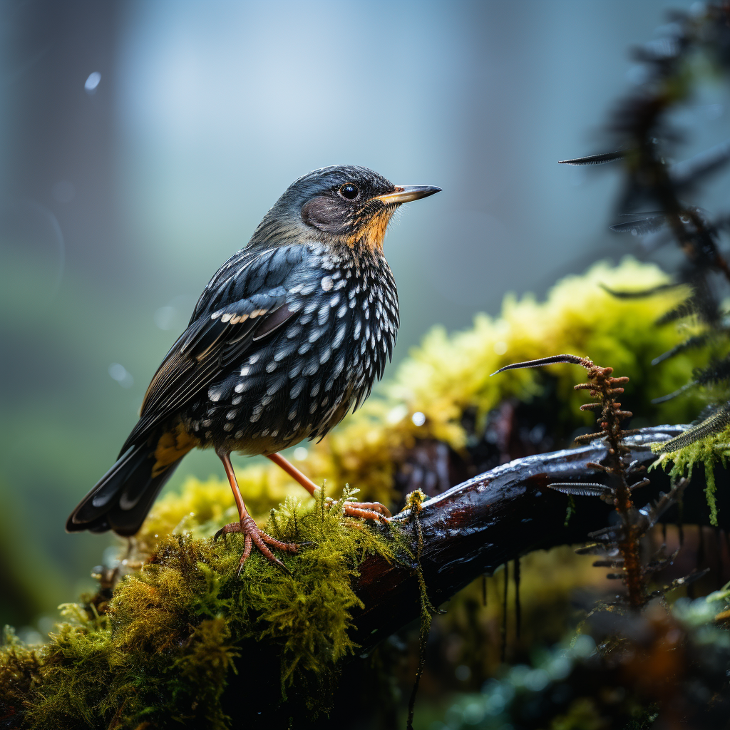 Beautiful bird overlooking ants in forest