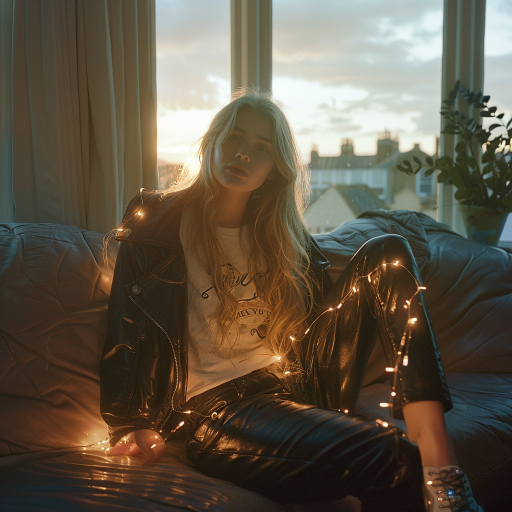 Beautiful blonde woman sitting on sofa at sunset