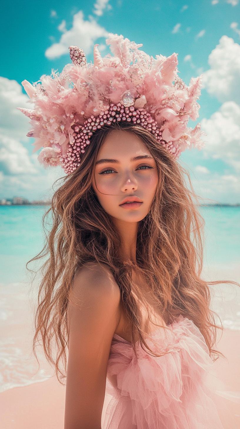 Brunette Girl Pink Sand Crown