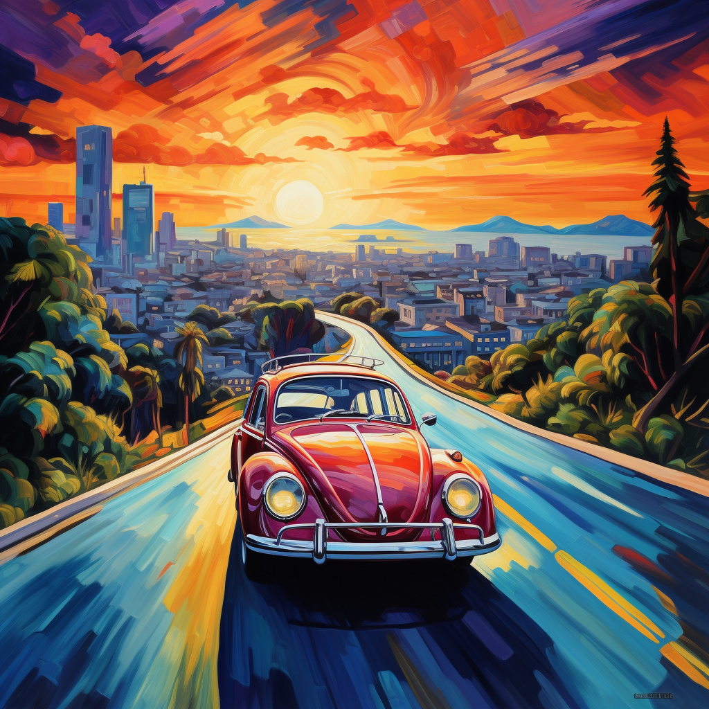 Vibrant Car Driving with Cityscape View