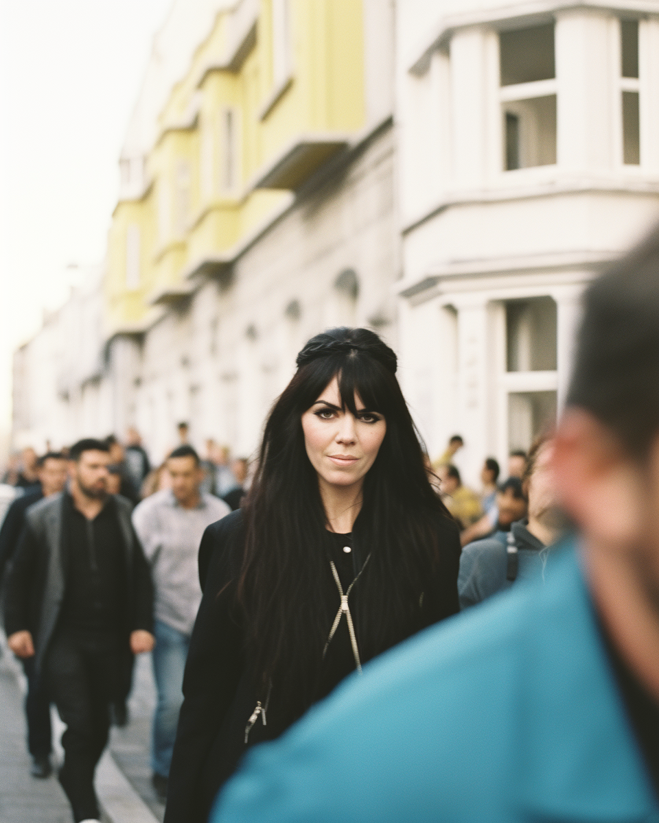 Smiling girl with black hair on busy street