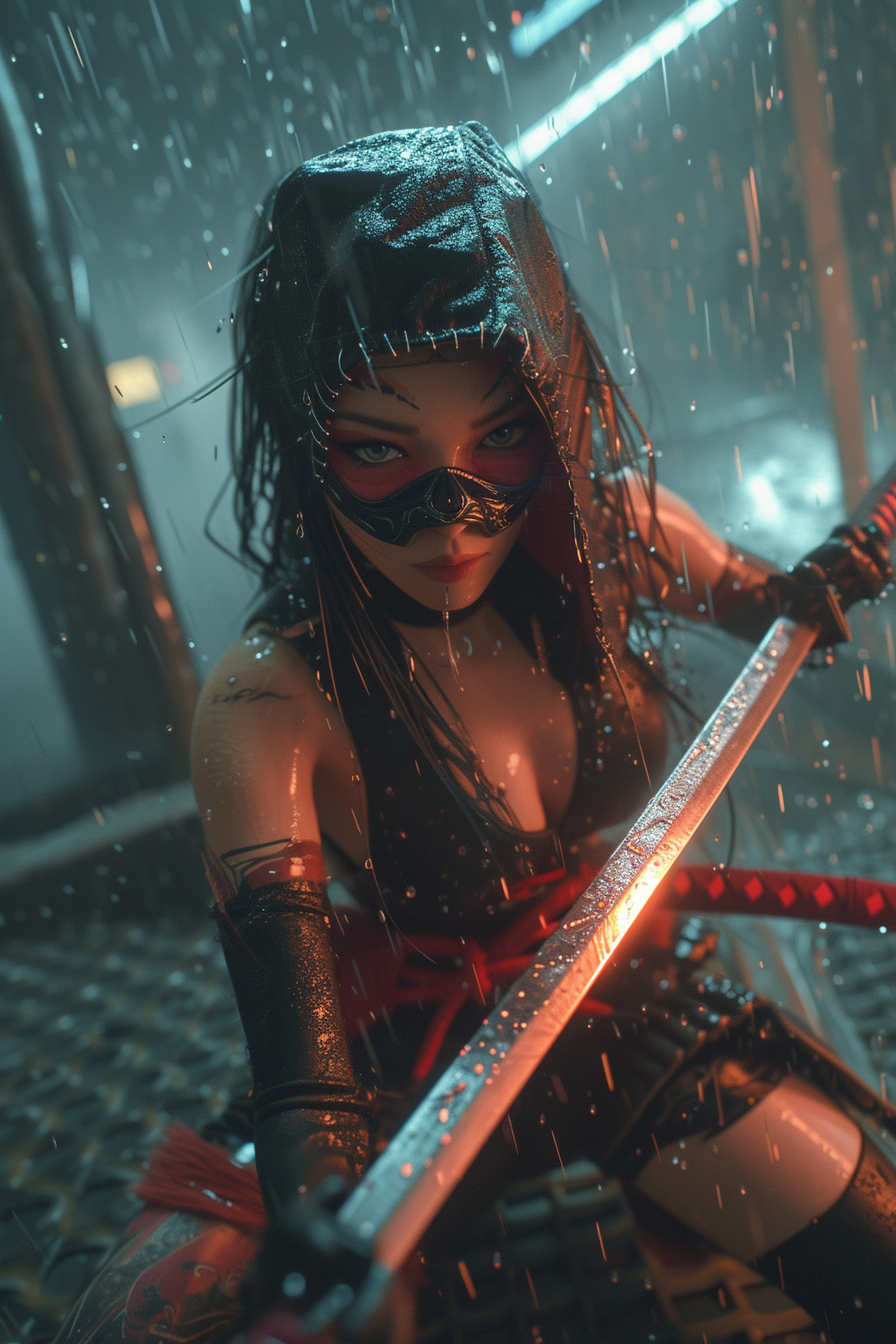 Beautiful ninja girl in cyber punk style