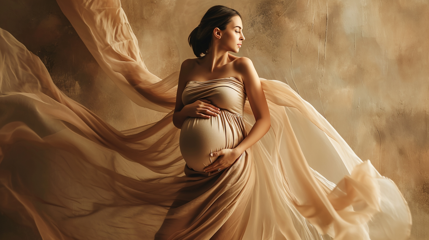 Beautiful pregnant woman in surreal photo studio