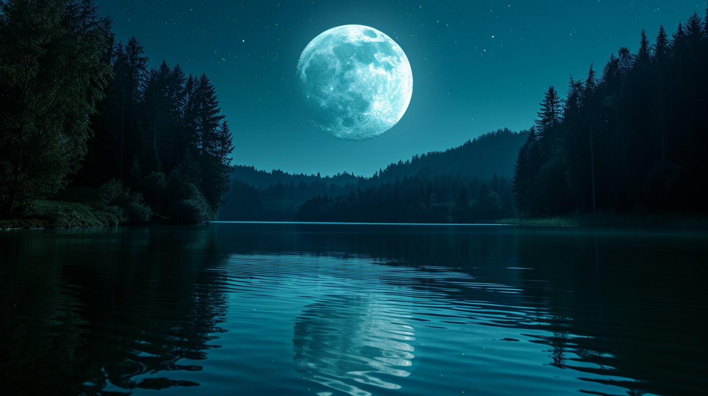 Moon over black forest and water