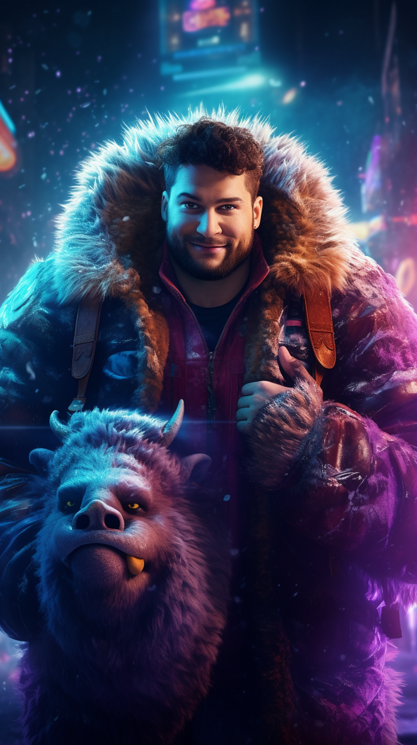 Smiling man with fluffy bull creature in cyberpunk