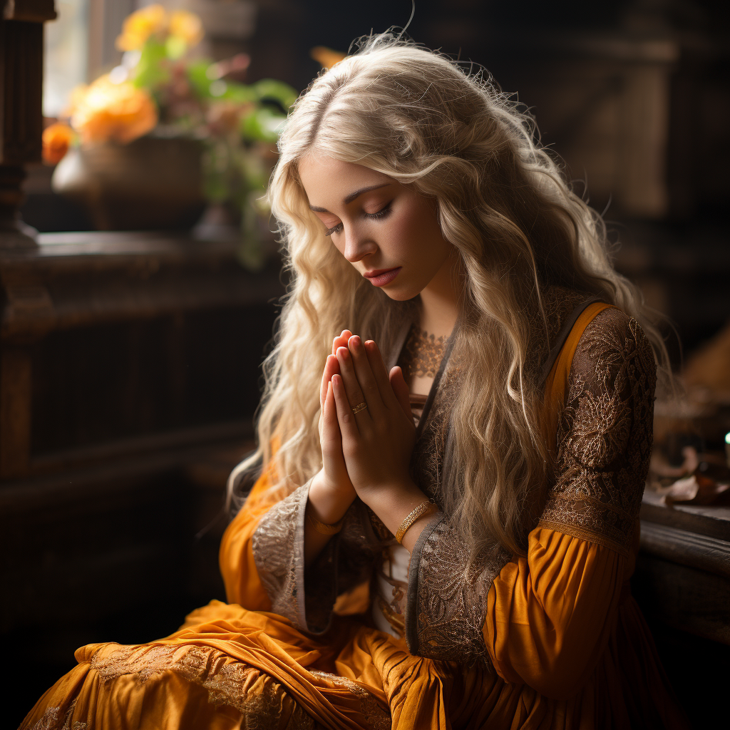 Beautiful woman praying with long, smooth white hair