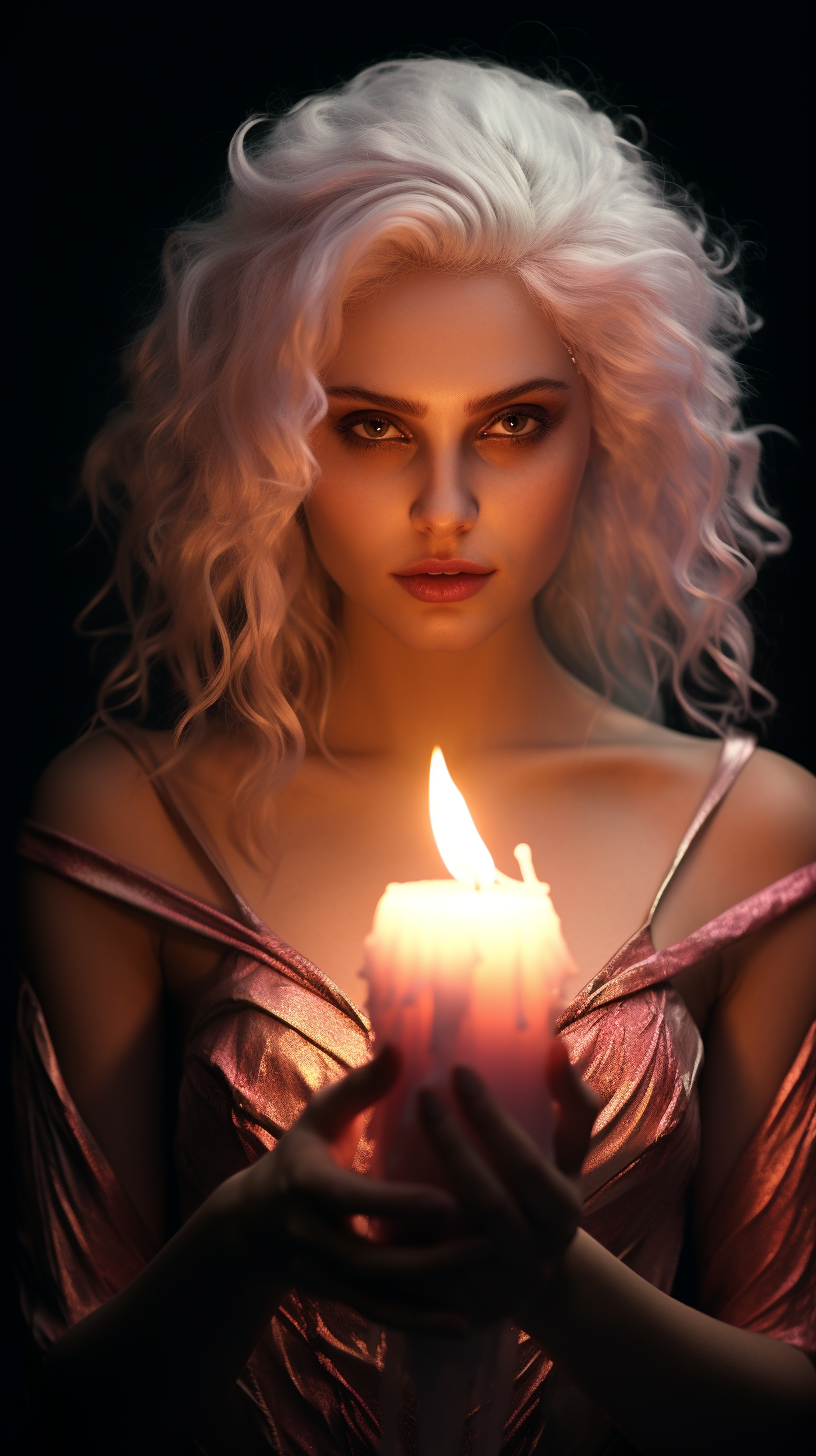 Stunning Woman with White Hair and Candle Symbol