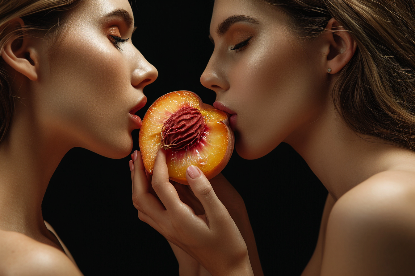 Two women sharing a juicy peach