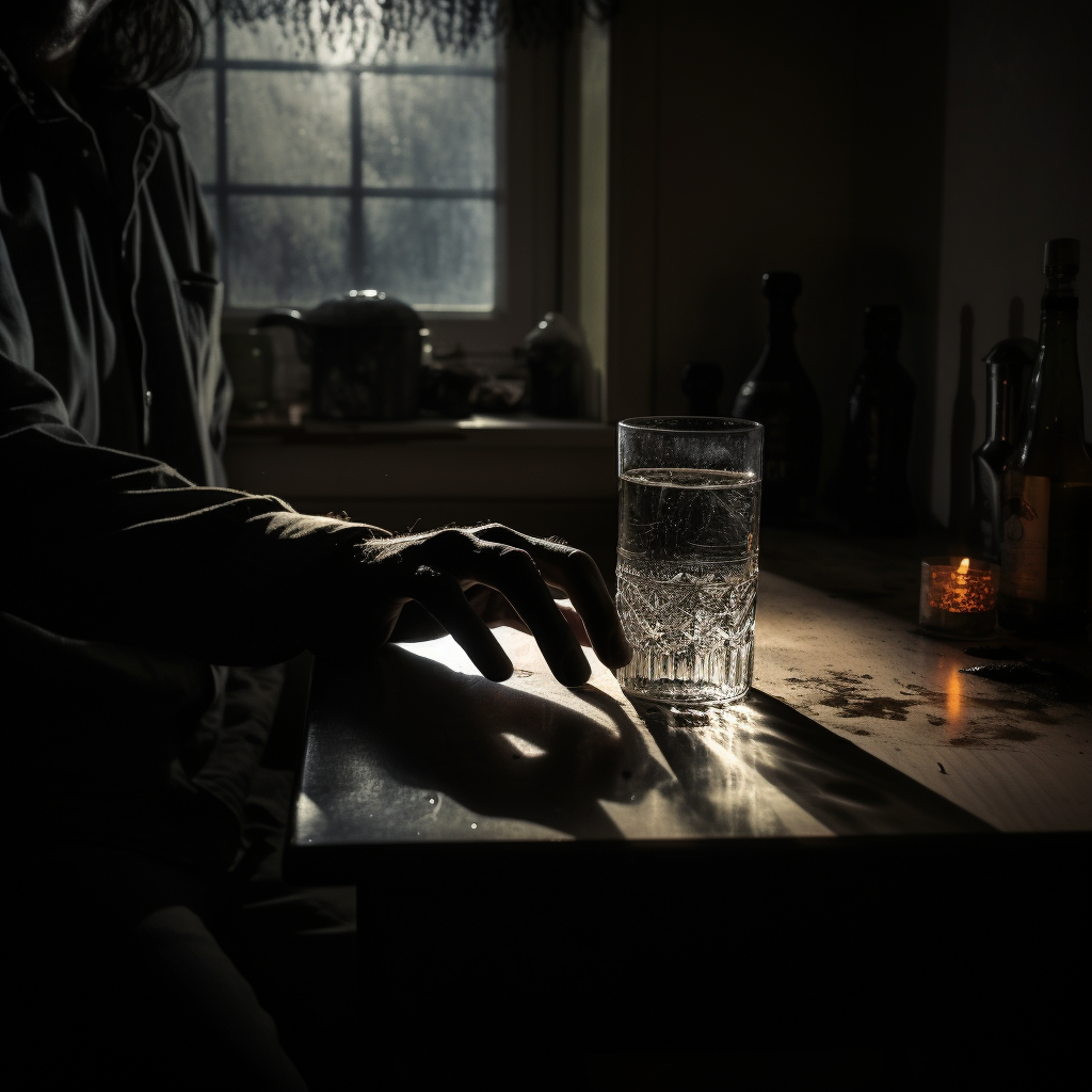 Empty glass with spooky hand shadow at night