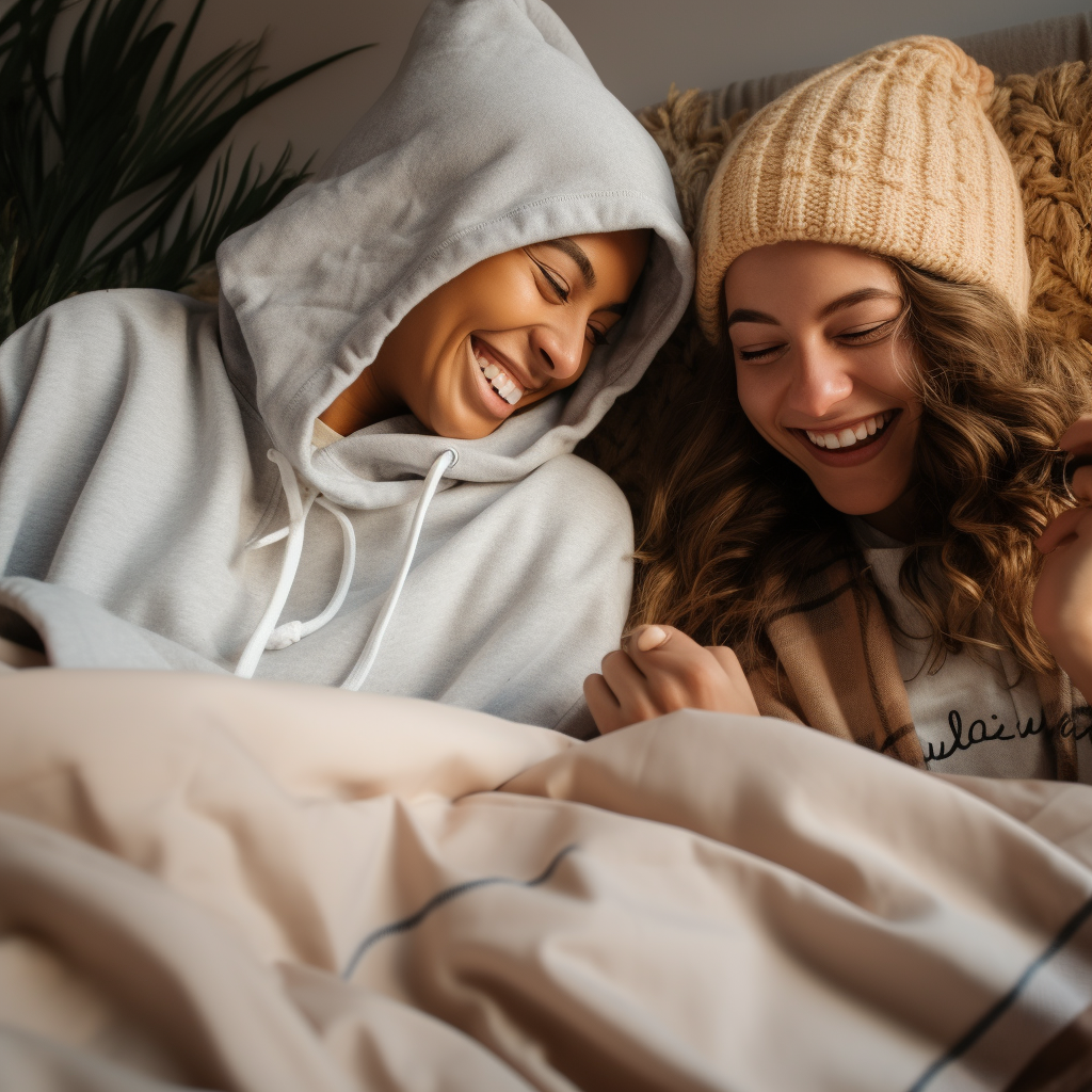 Two women laughing in beige blanket hoodie