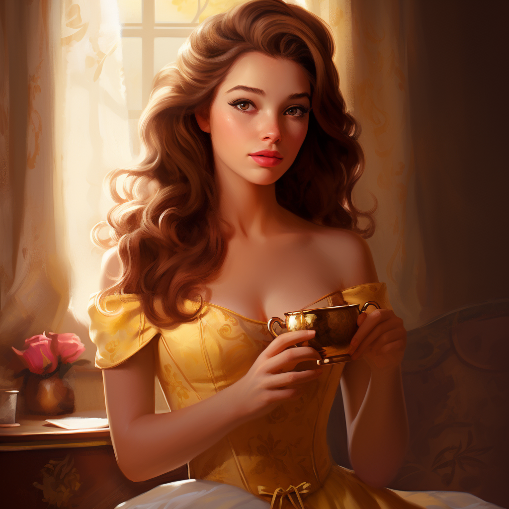 Belle holding a teacup