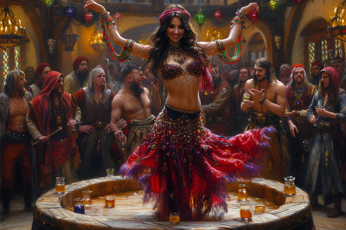 Dark Tanned Female Belly Dancer in Medieval Tavern