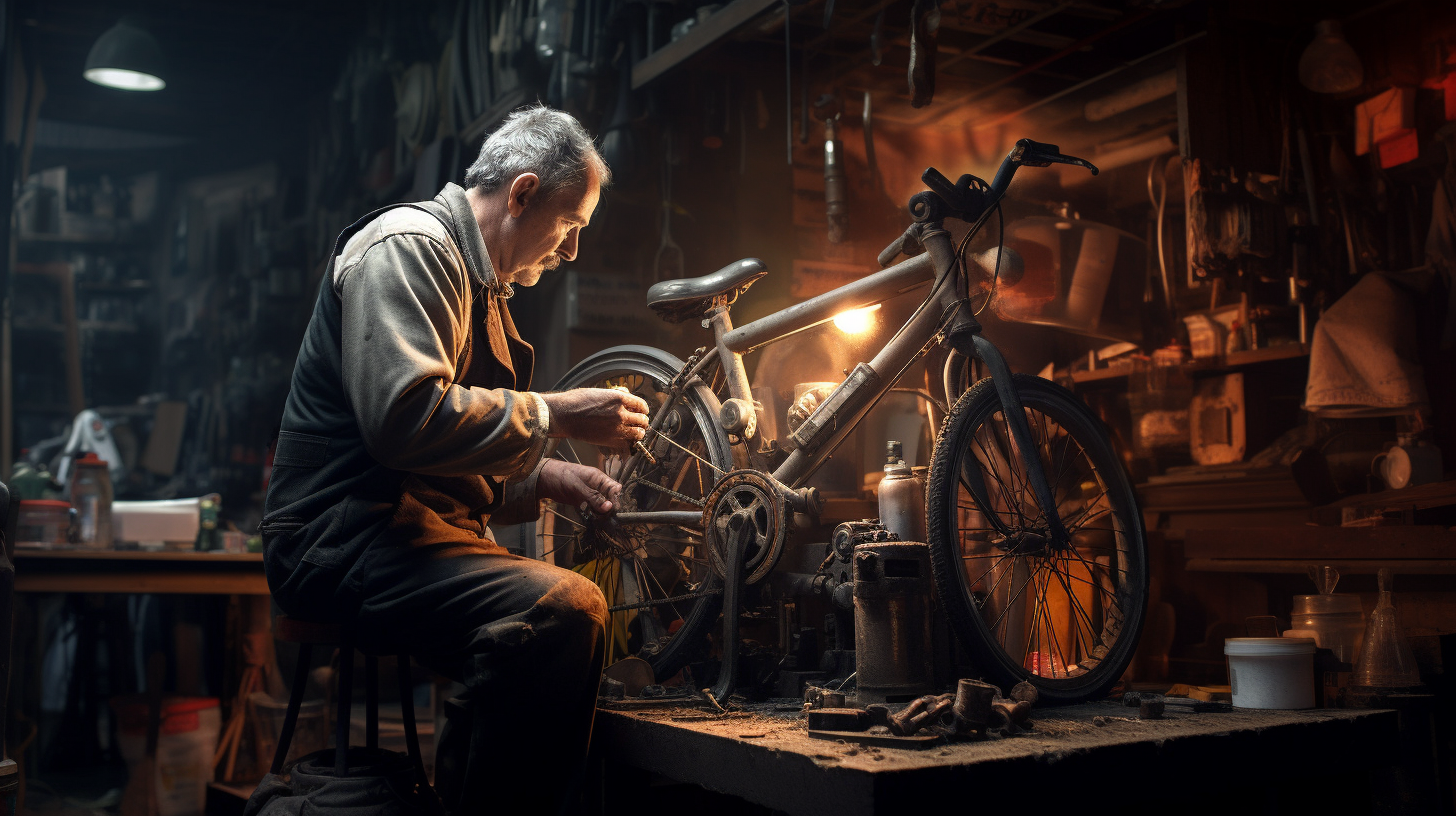 Bicycle mechanic repairing workshop scene