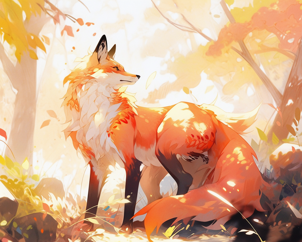 Beautiful watercolor painting of a big fox in a forest