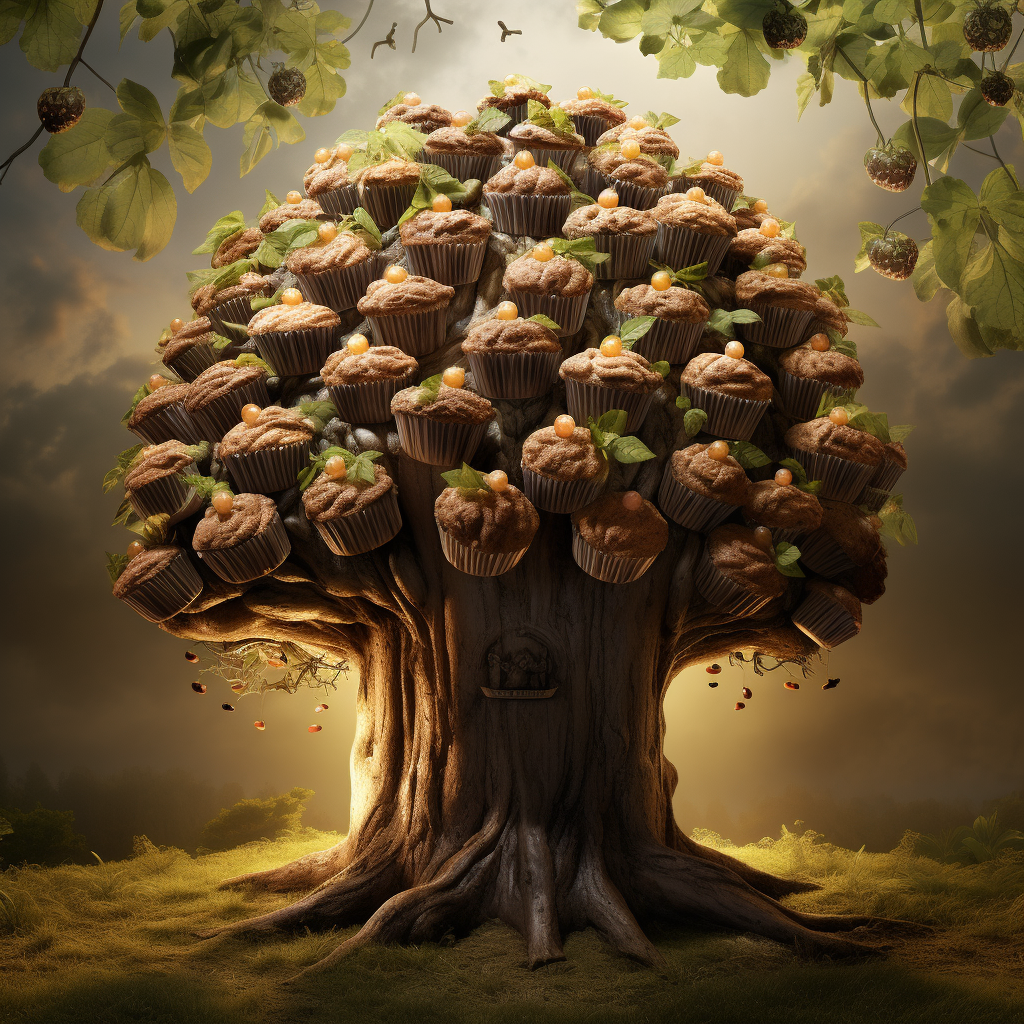 Photorealistic depiction of a big tree and muffins growing like fruit