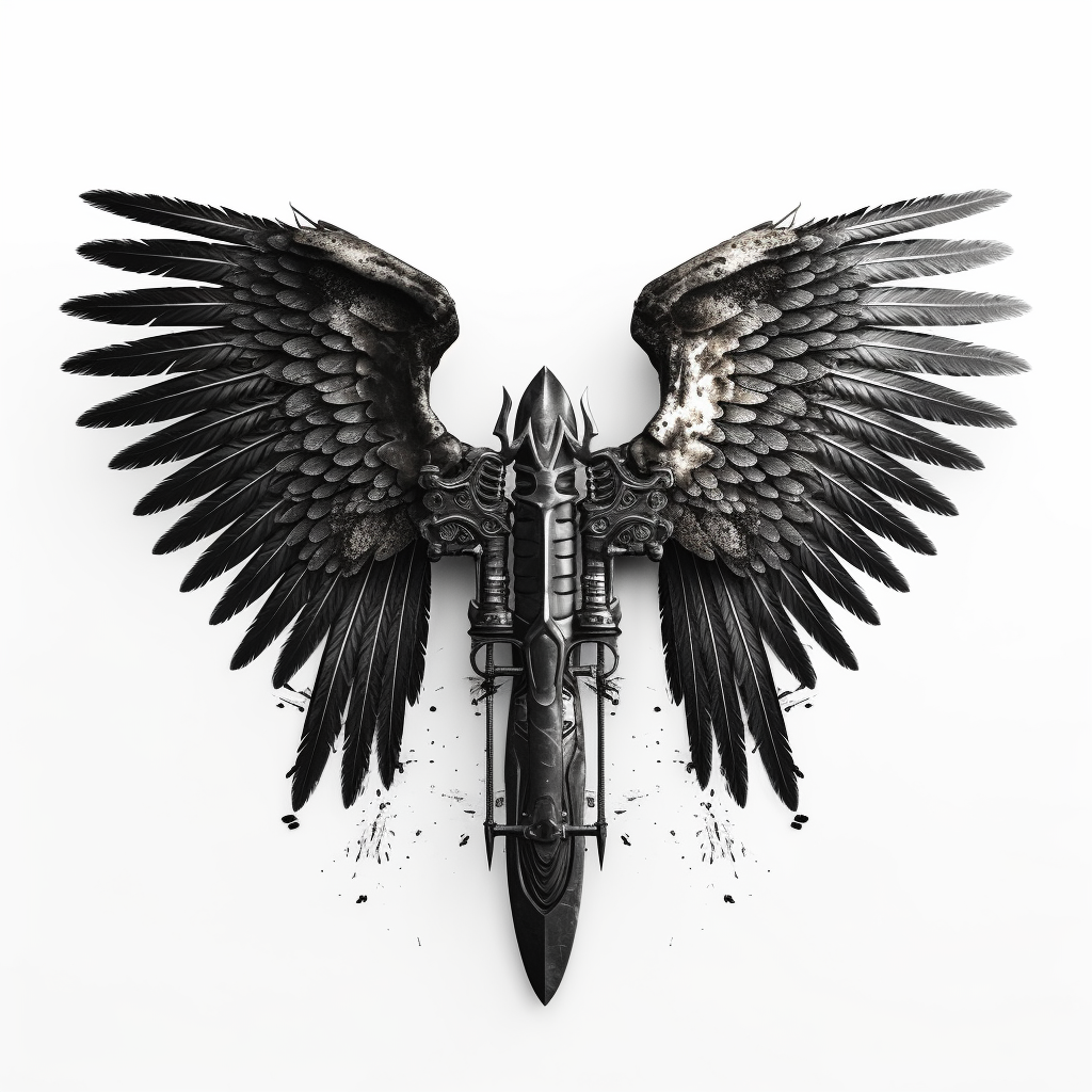 Image of big wings formed by weapons on white background