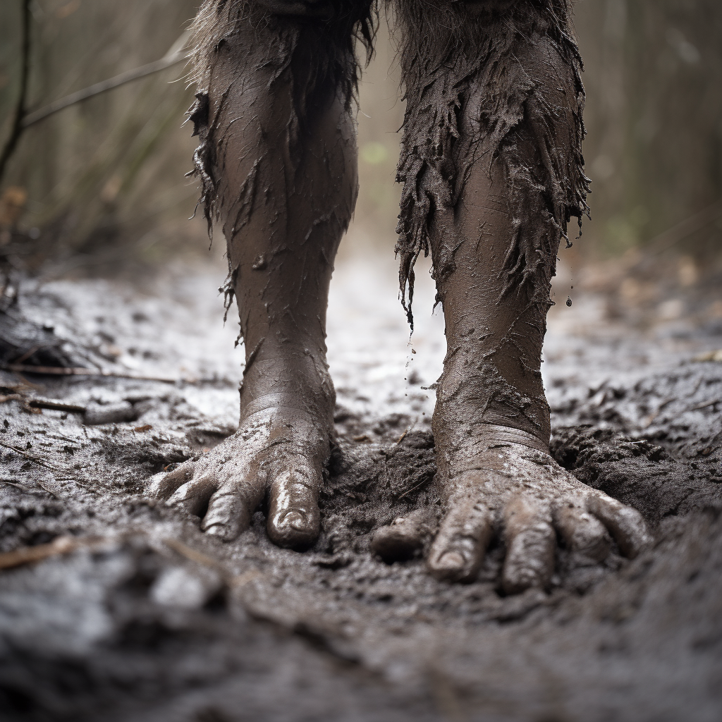 Bigfoot footprints in muddy trail