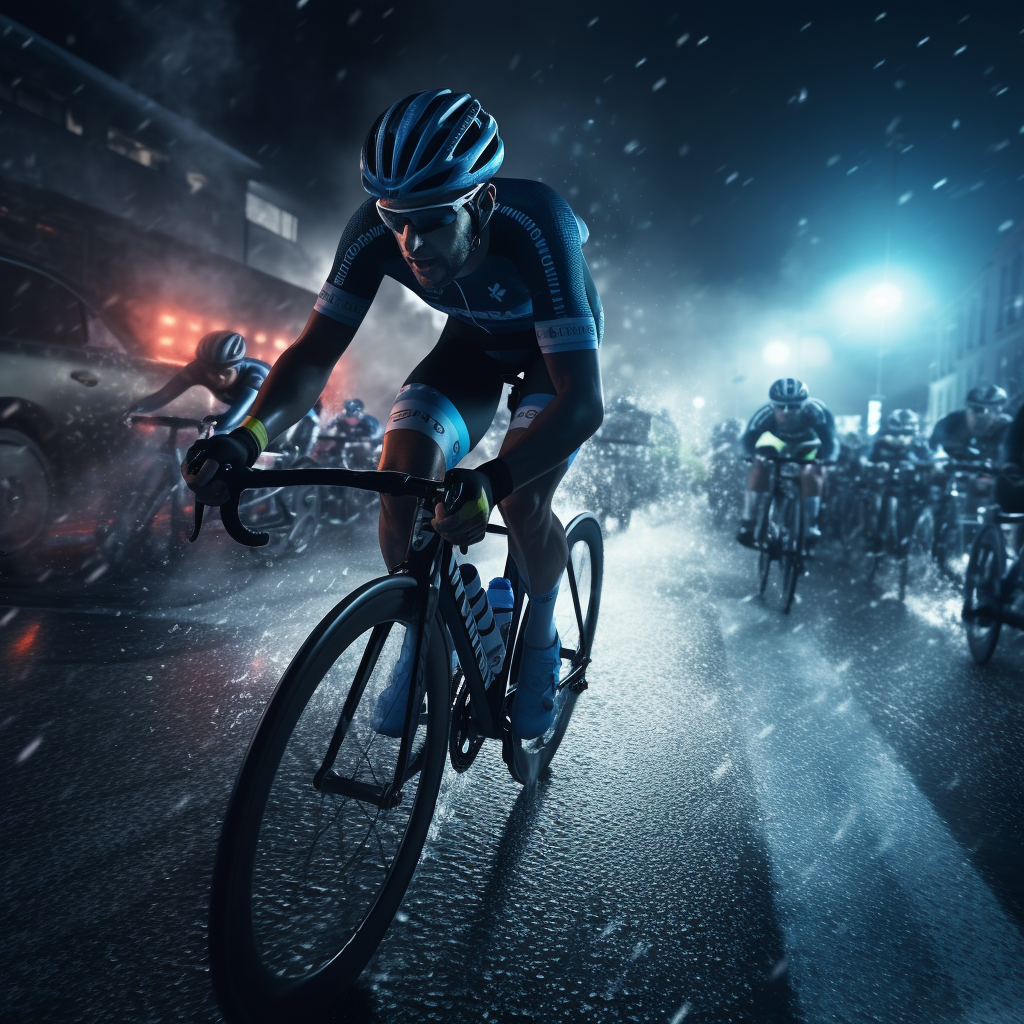 Cinematic bike racing in night rain with blue lighting