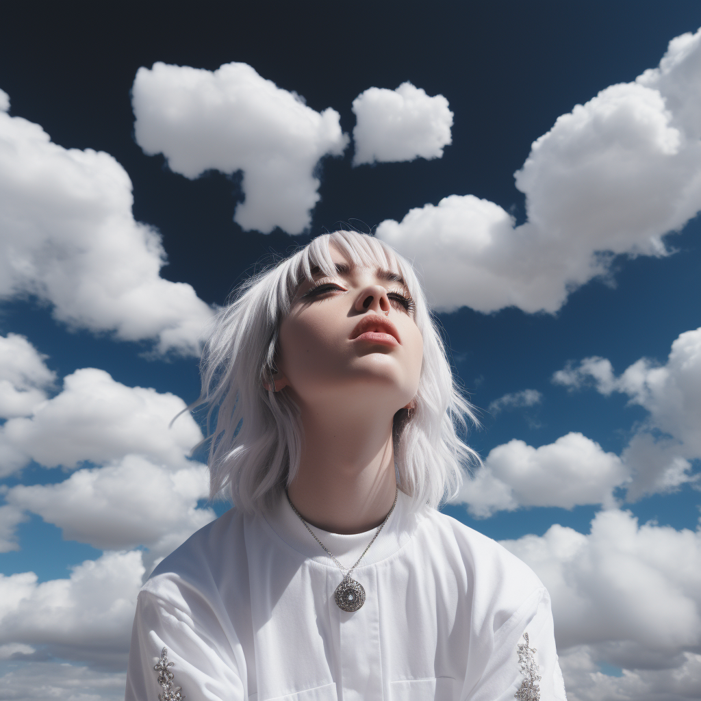 Billie Eilish posing on clouds