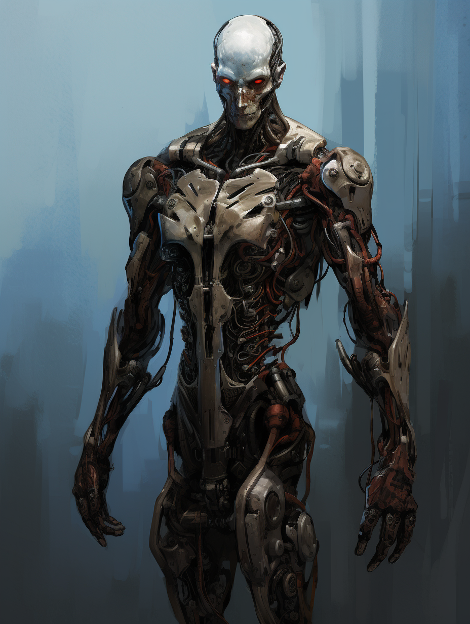 Biomechanical humanoid in eerie comic book style