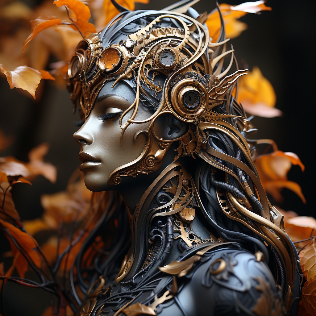 Biomechanical night elf woman in autumn leaves