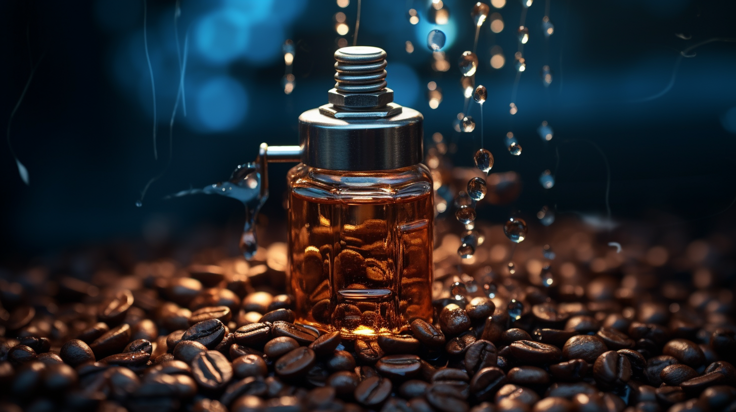 Metal bottle with stopper and chain holding coffee