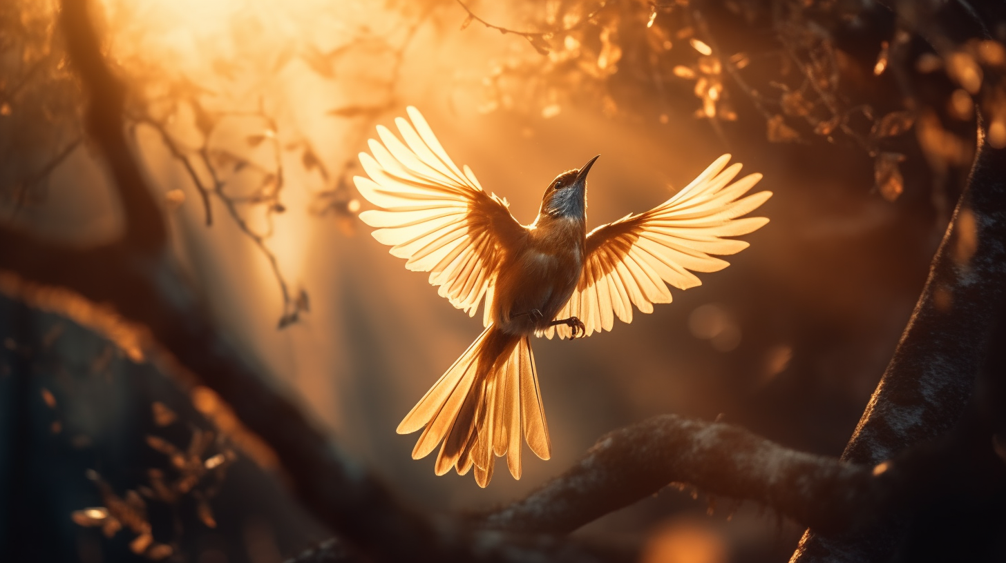 Bird with golden feathers landing on a tree branch