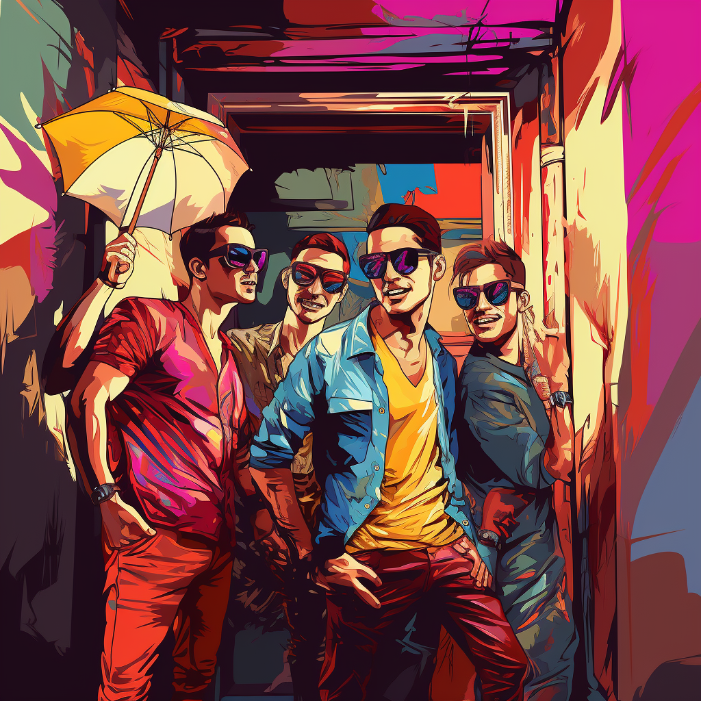 Four young guys with sunglasses and umbrellas