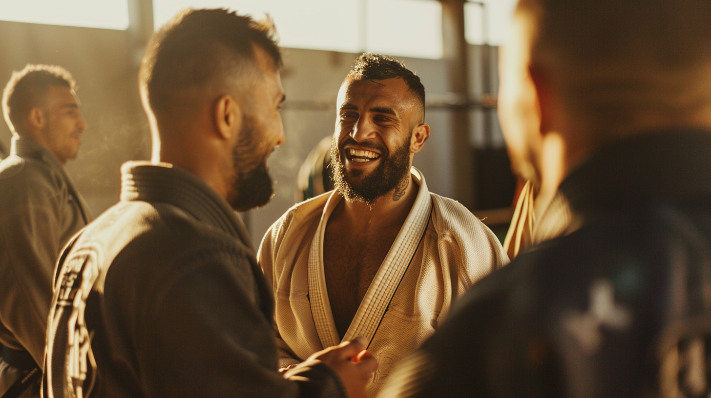 Happy BJJ players hugging