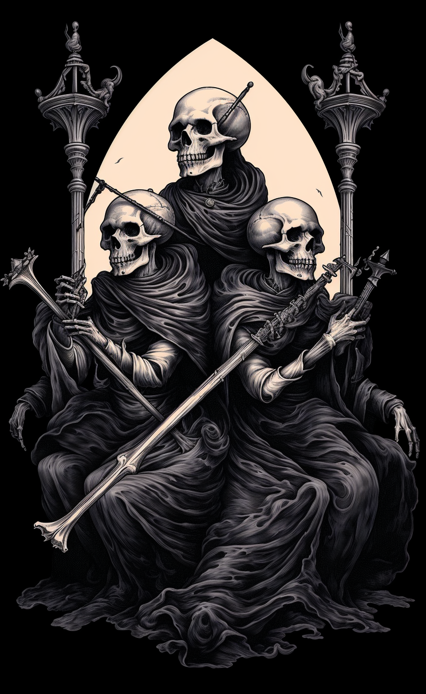 Three devils holding skeletons