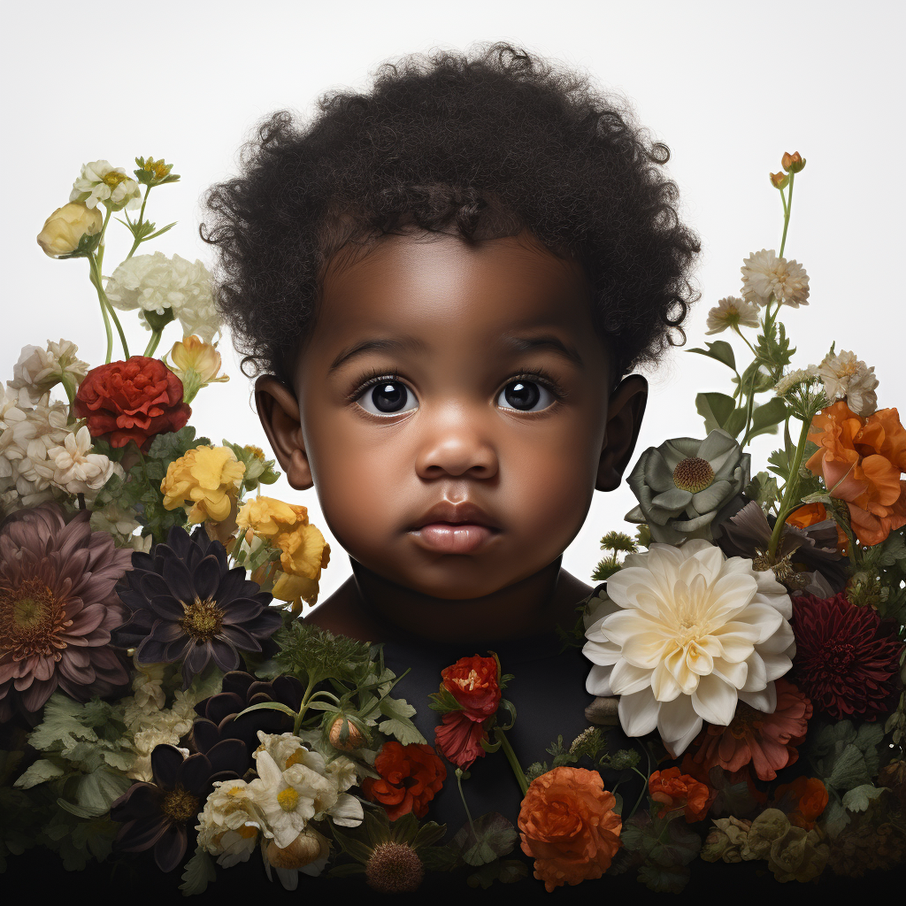 Adorable black baby surrounded by flowers