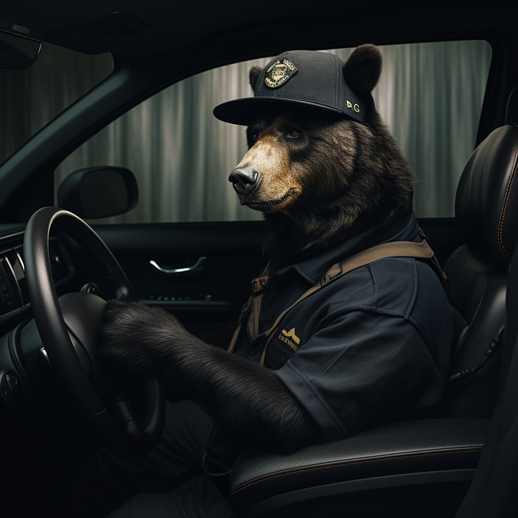 Black Bear in Baseball Cap Driving Car